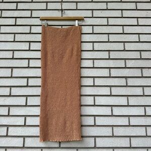 JLUXLABEL Smocked Strapless Bodycon Midi Tube Dress Tan Textured Ruched Stretch